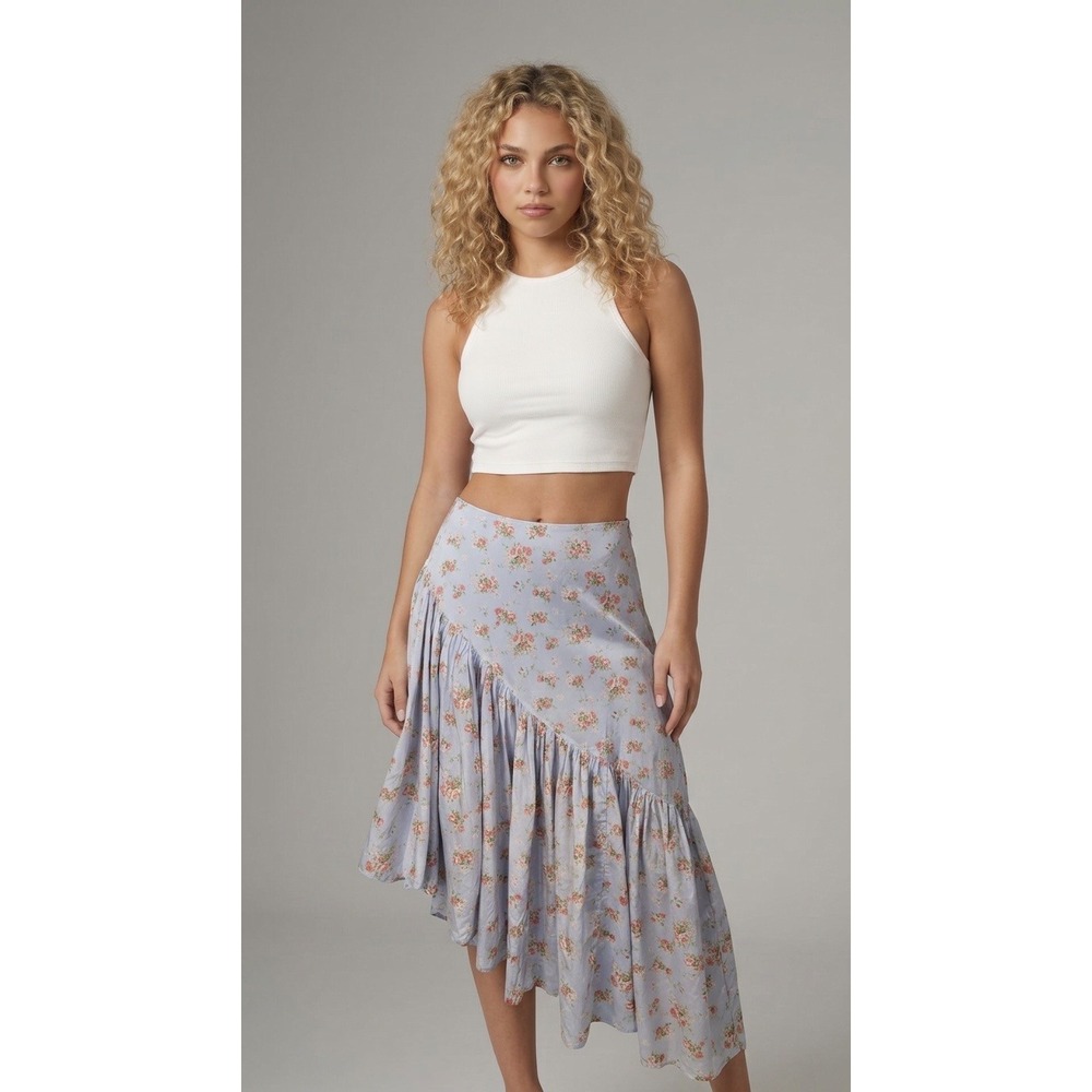 Abercrombie & Fitch Floral Skirt Womens L Blue Excellent Asymmetric Ruffle Midi